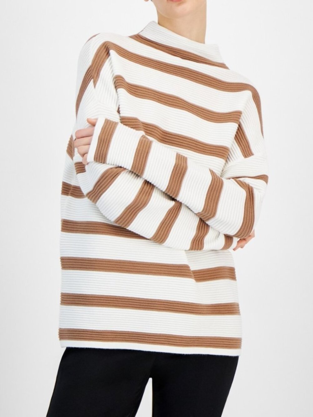 T Tahari Women's Size XL Striped Ribbed Knit Funnel Neck White Brown Sweater NEW